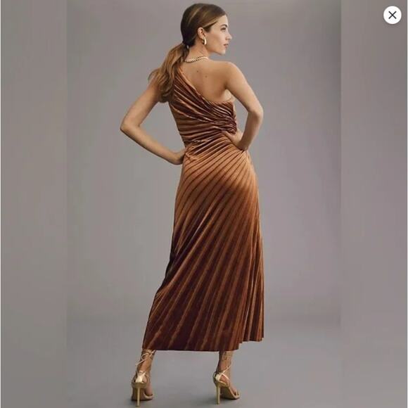 Delfi One Shoulder Velvet Pleated Brown A-Line Lea Dress - Picture 3 of 9